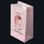 Bride in a Veil with Bouquet Bridal Shower Thanks Small Gift Bag<br><div class="desc">Bridal shower gift bags,  classy and elegant. An illustration of a smiling bride holding a bouquet of flowers in her fancy white wedding dress and wearing a veil. Set inside a pink oval frame with a scalloped border. Soft and dreamy pink watercolor image for a background.</div>