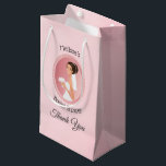 Bride in a Veil with Bouquet Bridal Shower Thanks Small Gift Bag<br><div class="desc">Bridal shower gift bags,  classy and elegant. An illustration of a smiling bride holding a bouquet of flowers in her fancy white wedding dress and wearing a veil. Set inside a pink oval frame with a scalloped border. Soft and dreamy pink watercolor image for a background.</div>