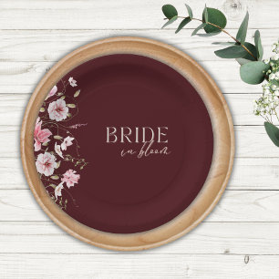 Bride in Bloom Burgundy Floral Bridal Shower Paper Plate