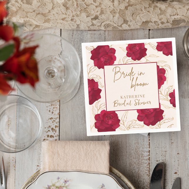 Bride in bloom rose and gold floral bridal shower napkin (Creator Uploaded)