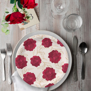 Bride in bloom rose and gold floral bridal shower paper plate