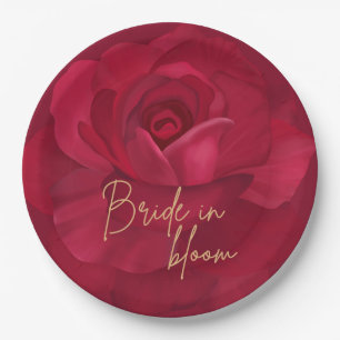 Bride in bloom rose and gold floral bridal shower paper plate