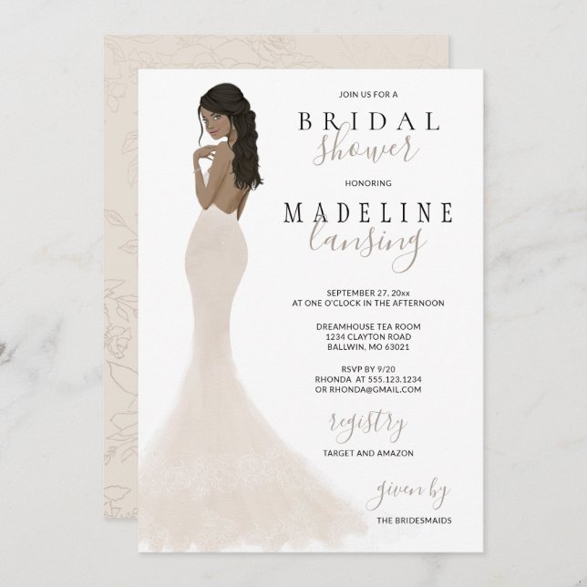 Bride in Champagne Lace Gown Bridal Shower Invitat Invitation (Front/Back)