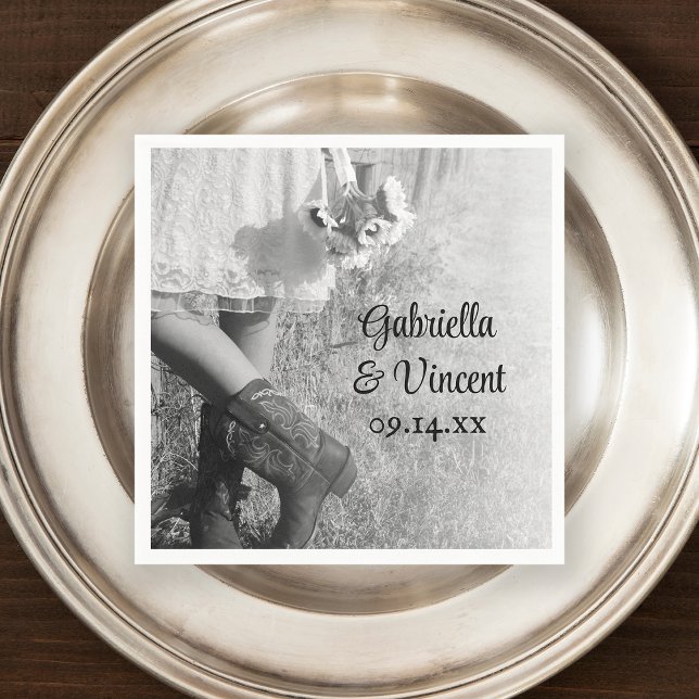 Bride in Cowboy Boots, Sunflowers Country Wedding Napkin (Creator Uploaded)