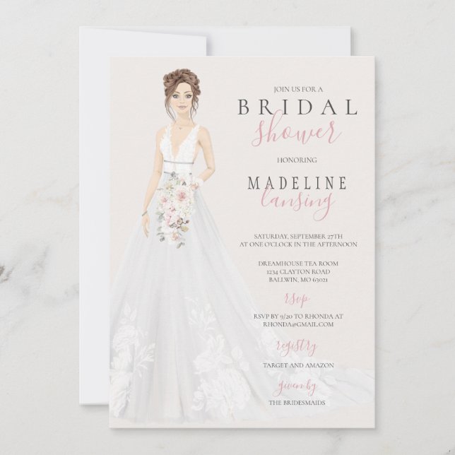 Bride in Lace Wedding Gown Bridal Shower Invitation (Front)
