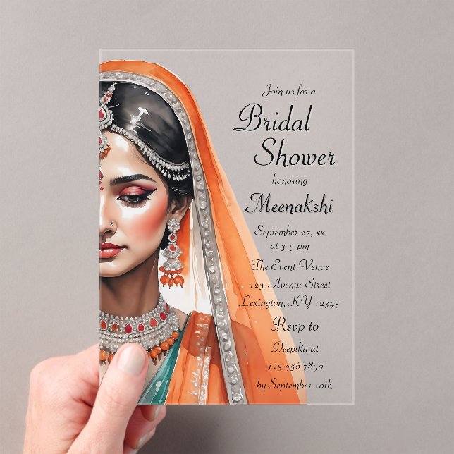Bride In Lehenga Choli Ethnic Indian Bridal Shower Acrylic Invitations (Insitu (Handheld))