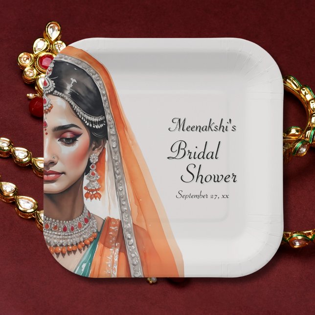 Bride In Lehenga Choli Ethnic Indian Bridal Shower Paper Plate (Flat lay orange gold pre wedding elegance – Trbollywood Indian Bridal Shower Plate)