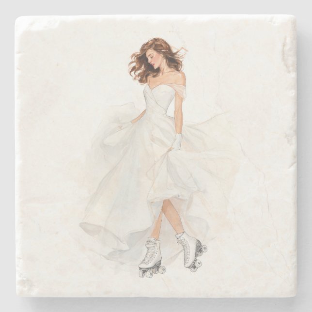 Bride in Motion Roller Skating in Flowing Wedding  Stone Coaster (Front)