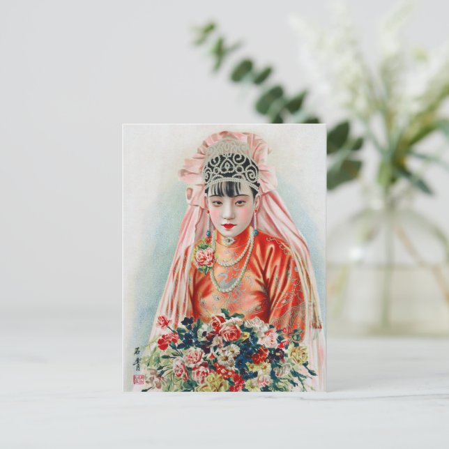 Bride in Red at Chinese Wedding in Shanghai Postcard (Standing Front)