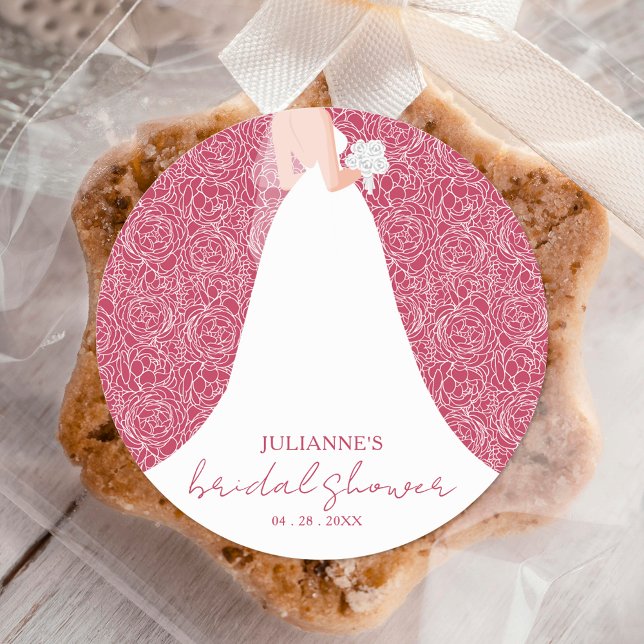 Bride in Wedding Dress Magenta Bridal Shower Classic Round Sticker (Creator Uploaded)