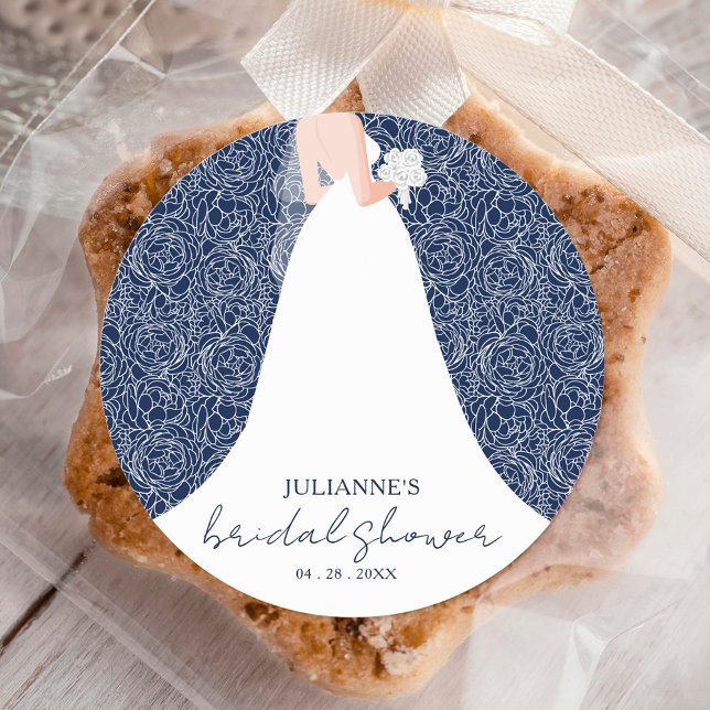 Bride in Wedding Dress Navy Blue Bridal Shower Classic Round Sticker (Creator Uploaded)