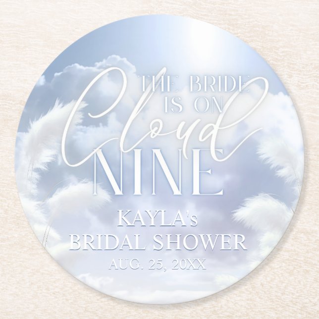 Bride is On Cloud Nine 9 Pampas Bridal Shower Round Paper Coaster (Front)