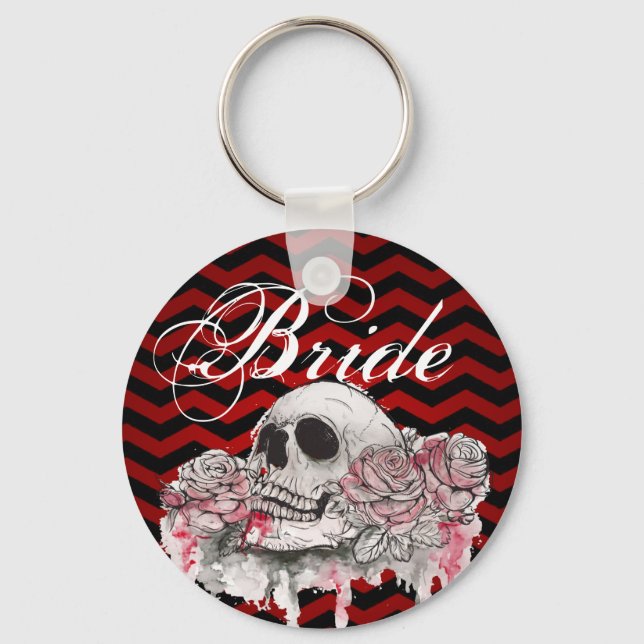 Bride Key Chain skull Rose goth Chevron black red (Front)