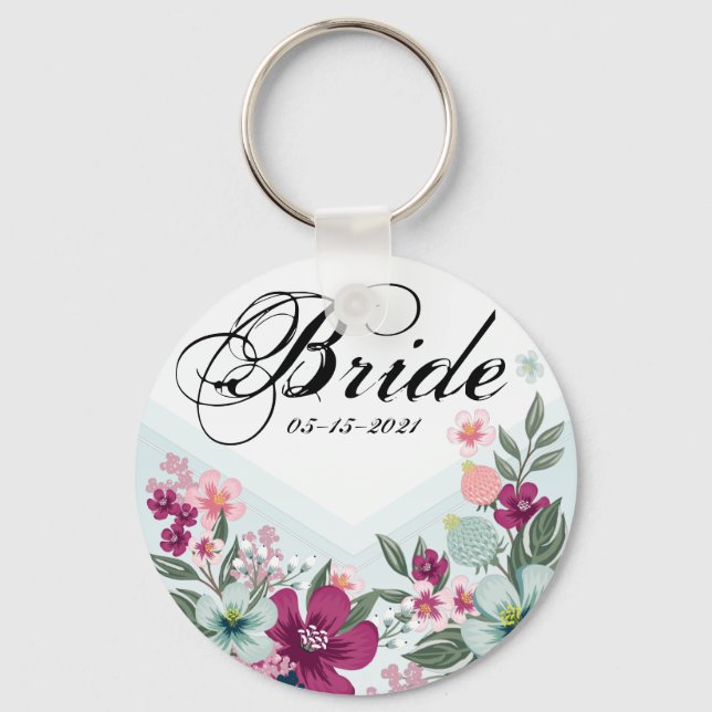 Bride Key Chain Tropical Flowers on Blue Ombre (Front)