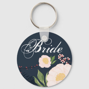 Bride Key Chain White Floral Flowers on Dark Blue