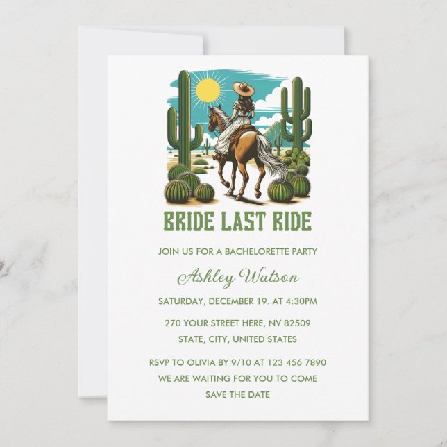 Bride Last Ride Cowgirl Bachelorette Party Invitation (Front)