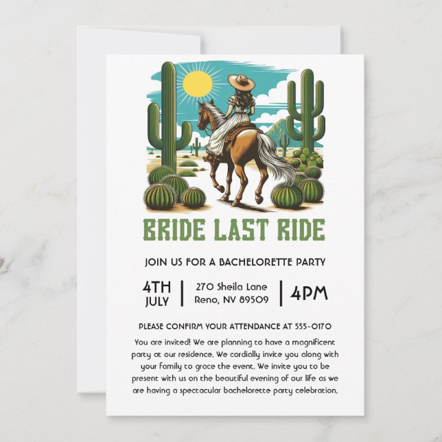 Bride Last Ride Spinster Bachelorette Party Invitation (Front)