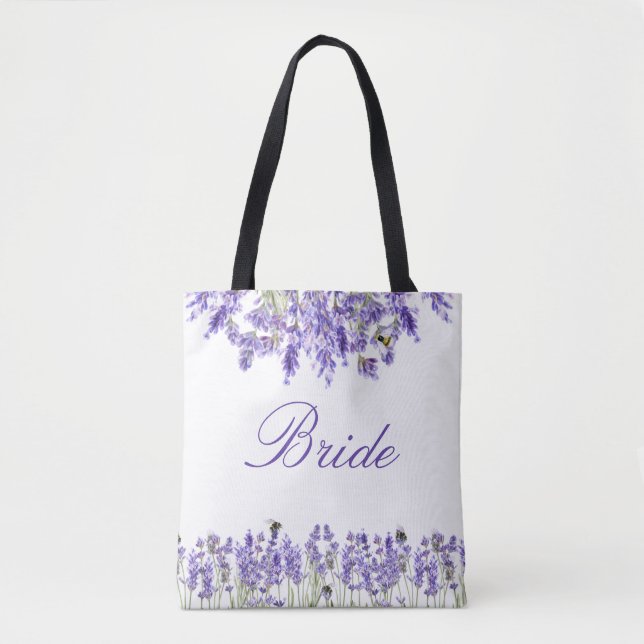 Bride lavender florals violet script tote bag (Front)