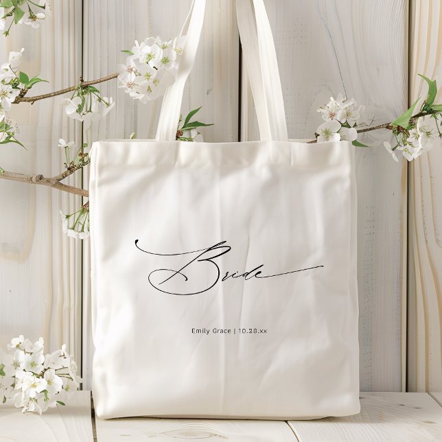 Bride Modern Elegant Script Wedding Custom Name Tote Bag (Creator Uploaded)
