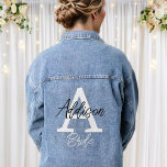 Bride Monogram Initial and Name Personalised Denim Jacket<br><div class="desc">Bride monogram denim jacket personalised with an initial and name,  ideal for a bridal or wedding shower with a modern design and bold fonts printed on the back. Change the colours or placement by clicking the button to edit the design.</div>