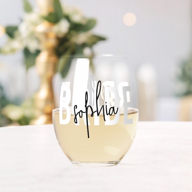 Bride Monogram Signature Script Stemless Wine Glass (Insitu (Wedding))