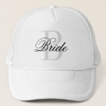 BRIDE monogram trucker hat for wedding party<br><div class="desc">Bride monogram trucker hat for wedding party. Funny honeymoon gift idea for soon to be married woman. Custom monogrammed design with stylish script typography. Classy black and white logo cap. Marriage accessories for wedding party,  bridal shower,  bachelorette,  girls weekend,  honeymoon etc.</div>
