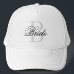 BRIDE monogram trucker hat for wedding party<br><div class="desc">Bride monogram trucker hat for wedding party. Funny honeymoon gift idea for soon to be married woman. Custom monogrammed design with stylish script typography. Classy black and white logo cap. Marriage accessories for wedding party,  bridal shower,  bachelorette,  girls weekend,  honeymoon etc.</div>