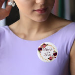 Bride mother watercolored florals burgundy gold 6 cm round badge<br><div class="desc">A trendy Bohemian boho style button for a bridal shower. Decorated with watercolored roses in burgundy and pink. Elegant white background. A faux gold geometric frame. With the text: Mother of the Bride written with a hand lettered style script. Burgundy coloured letters. Great as a keepsake for the bride's mother,...</div>