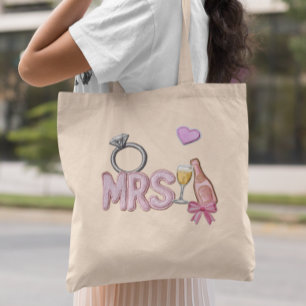 Bride MRS Faux Patch Embroidered Champagne Tote Bag