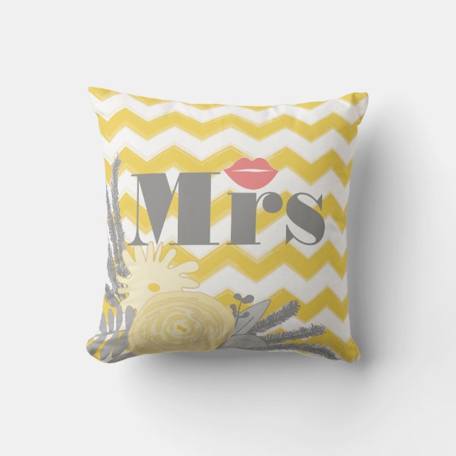 Bride Mrs Lips Grey Peach and Yellow Zig Zag Cushion (Front)