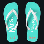 Bride Mrs. Turquoise Blue Jandals<br><div class="desc">Bright turquoise blue with Mrs. and Last Name written in white text and date of wedding in coral to personalise.  Pretty beach destination or honeymoon flip flops for the new bride.  Original designs by TamiraZDesigns.</div>