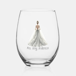 Bride Mrs. Wedding Dress Bridal Gift Custom Stemless Wine Glass