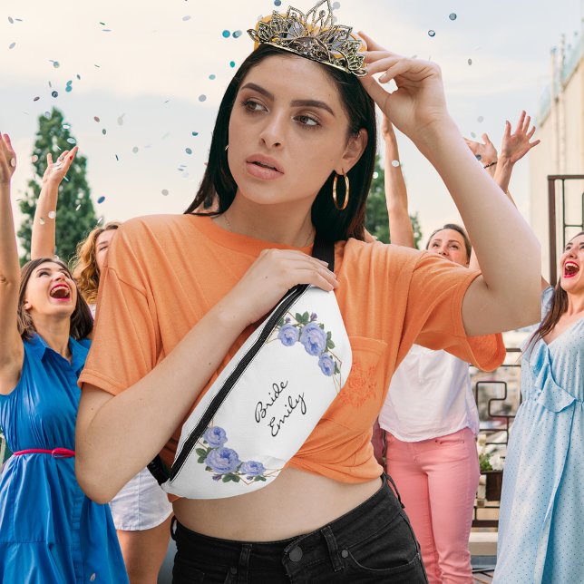 Bride Name Blue Floral Elegant Gold Glitter Geo  Bum Bags (Bride Name Blue Floral Elegant Gold Glitter Geo  Fanny Pack Cover)