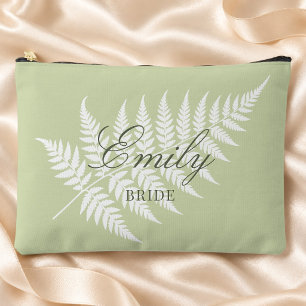 Bride Name Pistachio Green White Fern Large Accessory Pouch