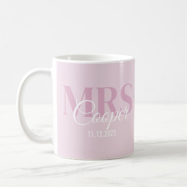 Bride Name With Wedding Date Crimson Light Pink Coffee Mug (Left)