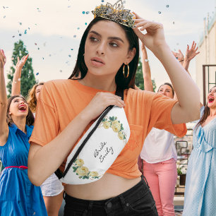 Bride Name Yellow Floral Elegant Gold Glitter Geo Bum Bags