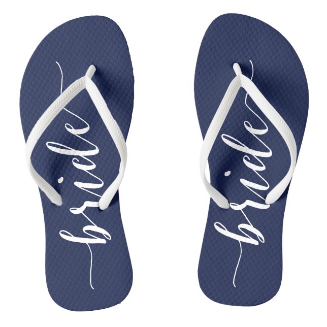 Bride Navy Blue Wedding Party Flip Flops Slim (Footbed)