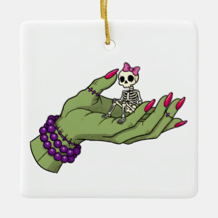 Bride of Frankenstein Hand with Skeleton Bow Got Ceramic Ornament