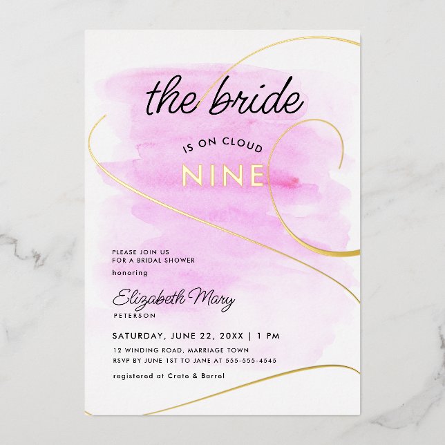 Bride on Cloud 9 Watercolor Gold Bridal Shower (Front)