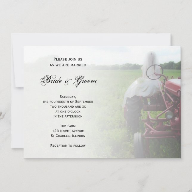 Bride on Farm Tractor Country Wedding Invitation (Front)