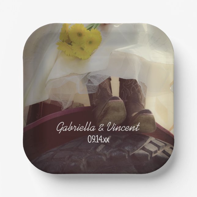 Bride on Red Tractor Country Farm Wedding Paper Plate (Front)