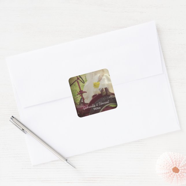 Bride on Red Tractor Country Farm Wedding Square Sticker (Envelope)