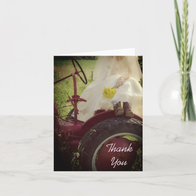 Bride on Red Tractor Farm Wedding Thank You Note Card (Front)
