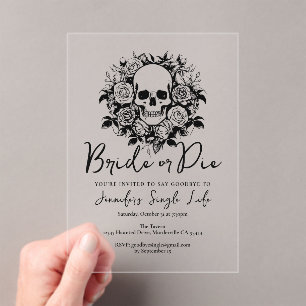 Bride or Die Black Bachelorette Party Floral Skull Acrylic Invitations
