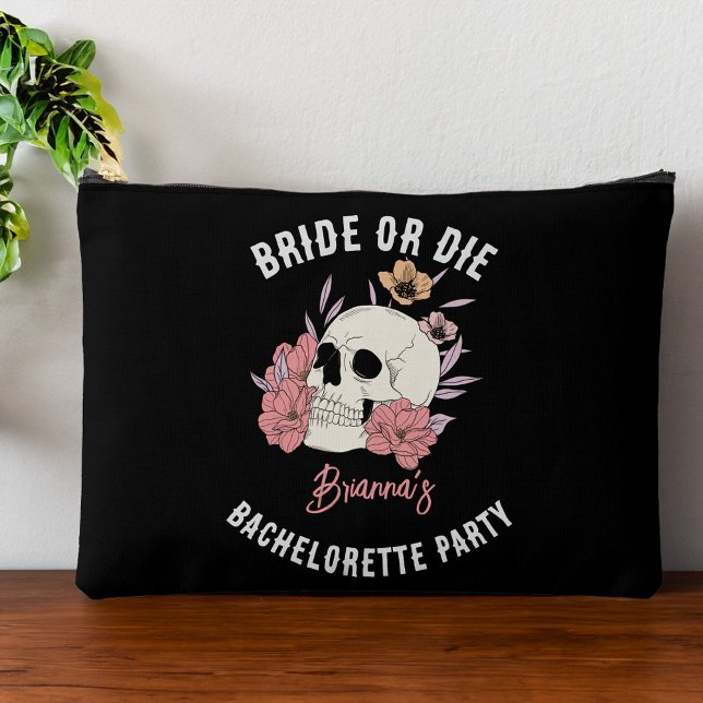 Bride or die black retro skull bachelorette party accessory pouch (Bride or die black retro skull skeleton bachelorette party favors accessory pouch bridesmaid gifts)