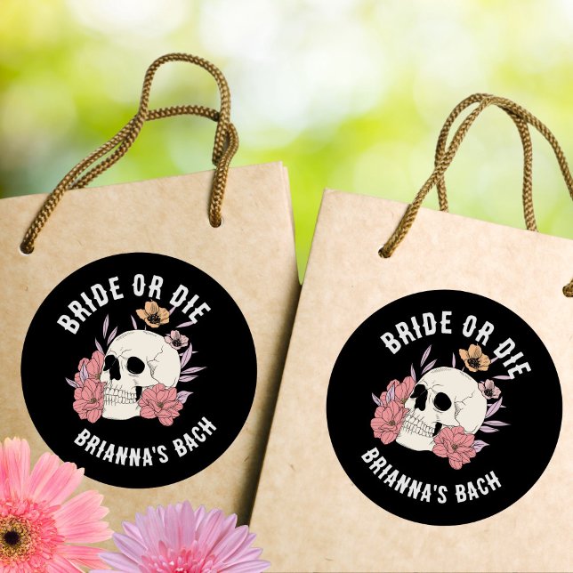 Bride or die black retro skull bachelorette party classic round sticker (Bride or die black retro skull bachelorette party stickers till death do us party stickers)