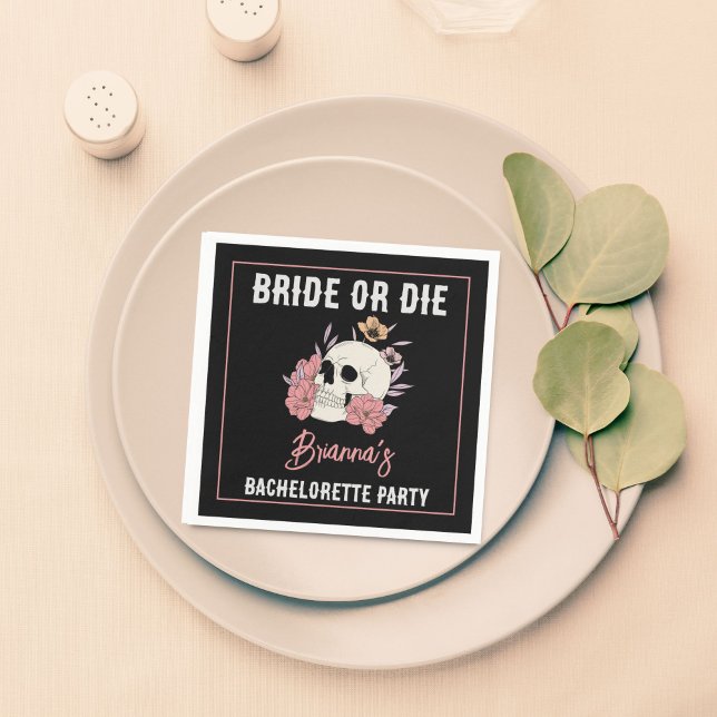 Bride or die black retro skull bachelorette party napkin (Bride or die black retro skull bachelorette party supplies monogram personalized napkins table decor)