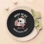 Bride or die black retro skull bachelorette party paper plate<br><div class="desc">Bride or die bachelorette party monogram personalised printed paper plates ,  black plates with gothic skeleton skull bachelorette party decor party supplies</div>