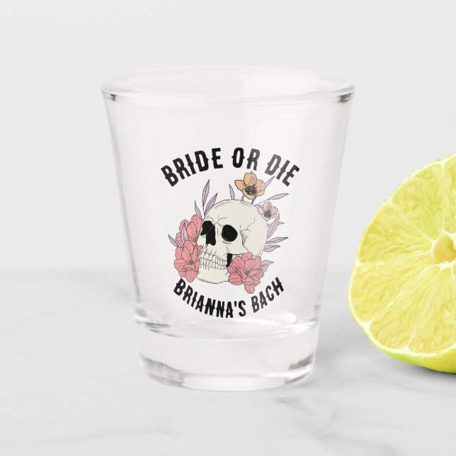 Bride or die black skull bachelorette favours shot glass (Front)