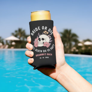 Bride or die black skull bachelorette party favour seltzer can cooler